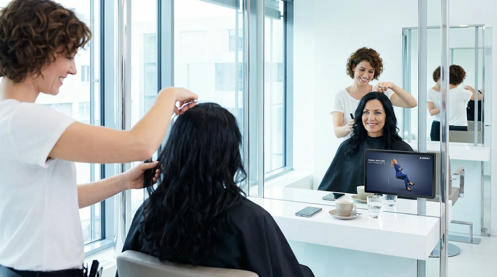 Frau, 50 im Coiffeursalon, auf dem Screen der Spot von Geberit