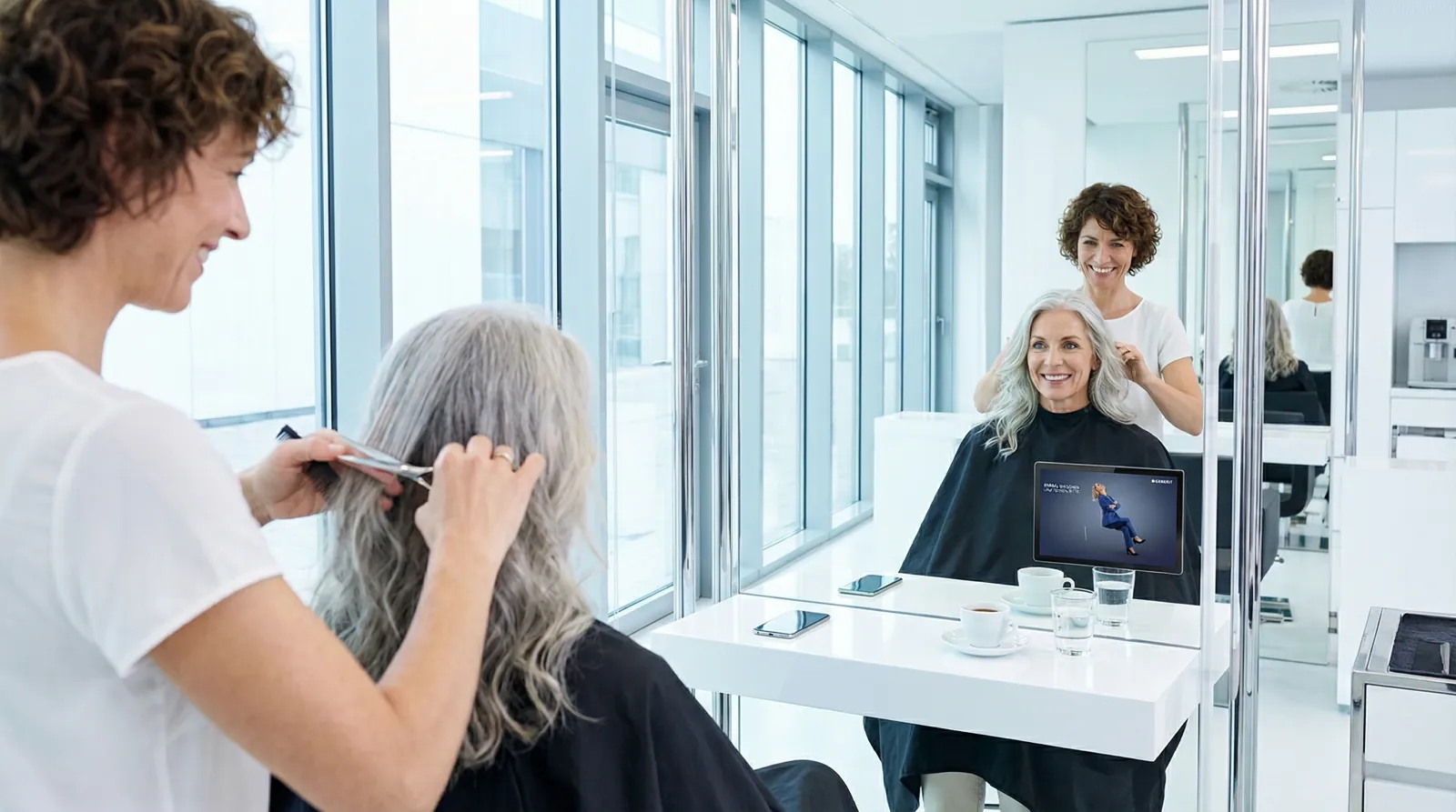 Frau, 60 im Coiffeursalon, auf dem Screen der Spot von Geberit