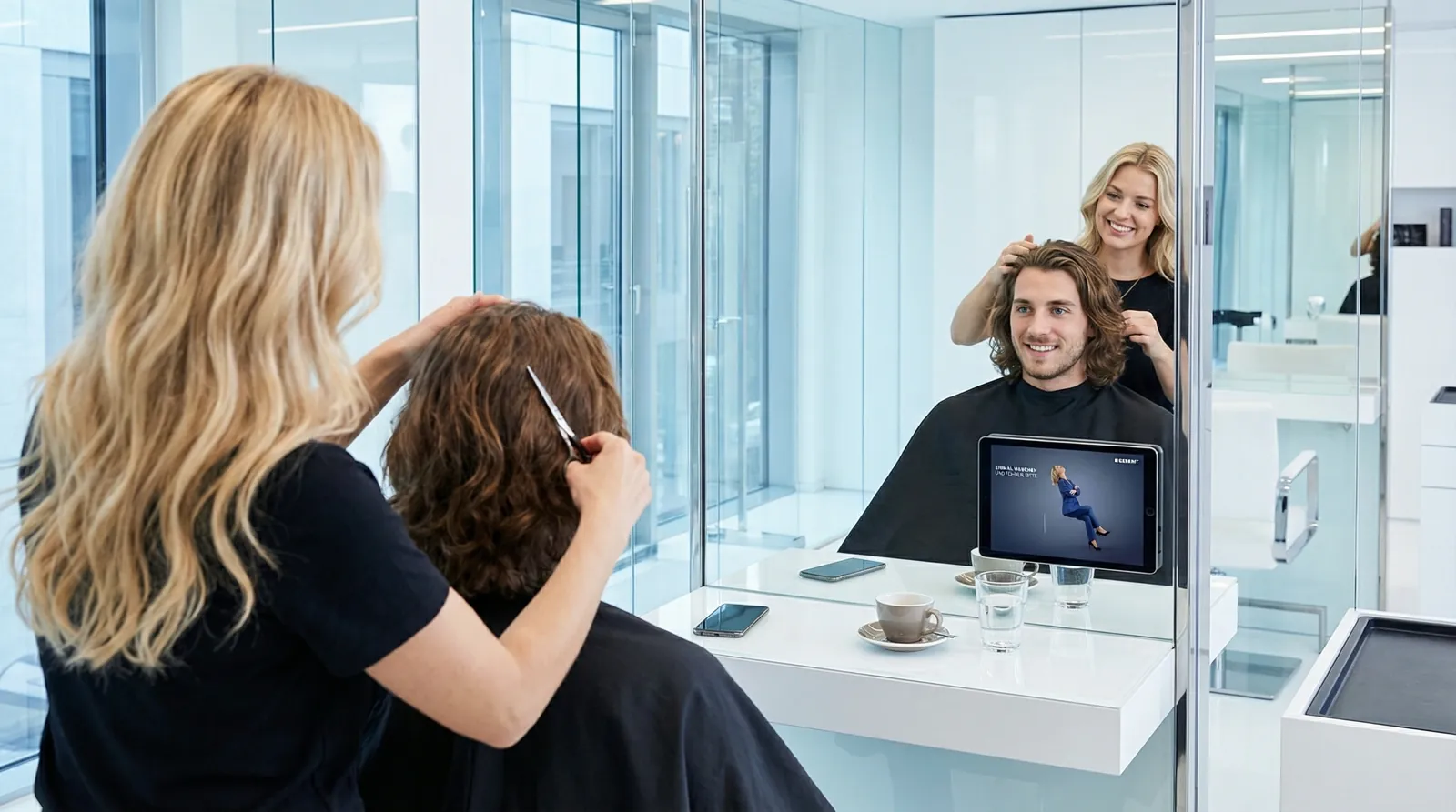 Mann, 20 im Coiffeursalon, auf dem Screen der Spot von Geberit