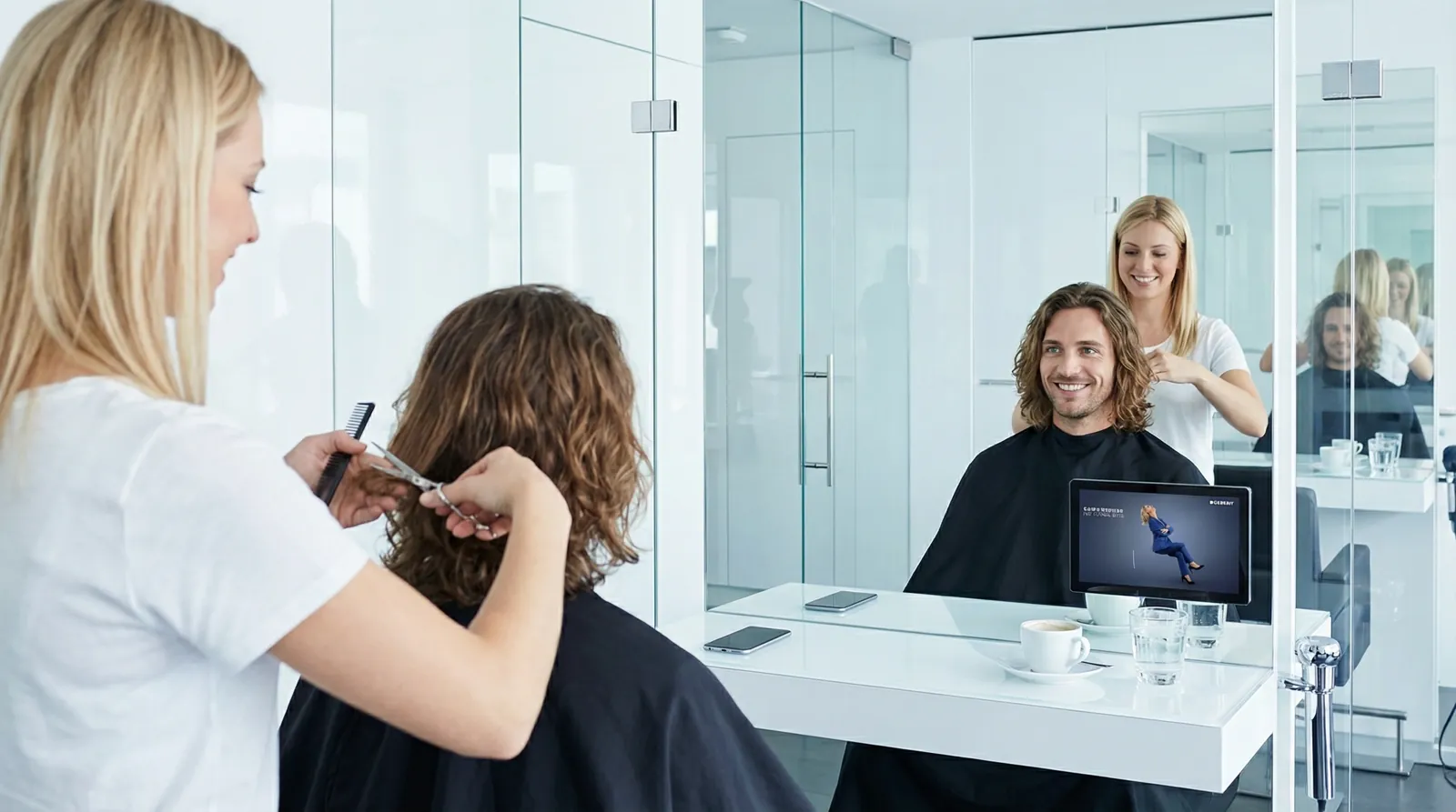 Mann, 30 im Coiffeursalon, auf dem Screen der Spot von Geberit