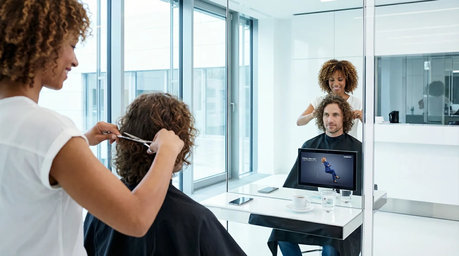 Mann, 40 im Coiffeursalon, auf dem Screen der Spot von Geberit