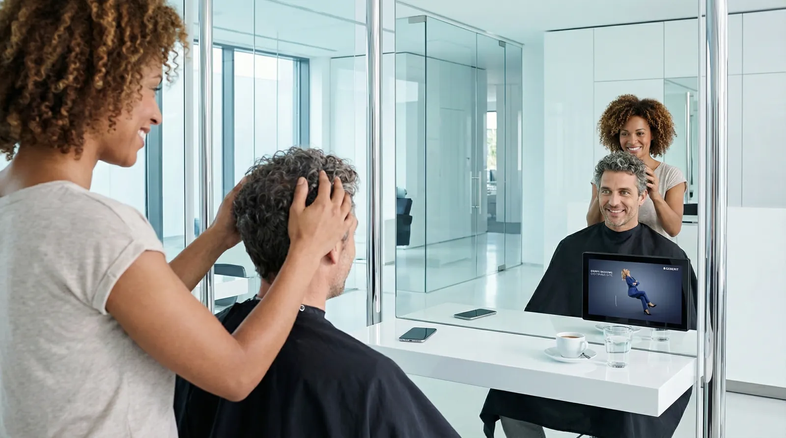 Mann, 50 im Coiffeursalon, auf dem Screen der Spot von Geberit