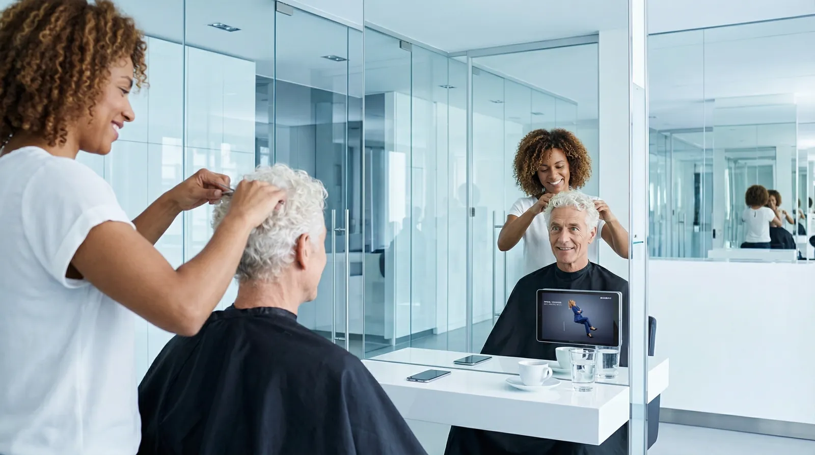 Mann, 60 im Coiffeursalon, auf dem Screen der Spot von Geberit
