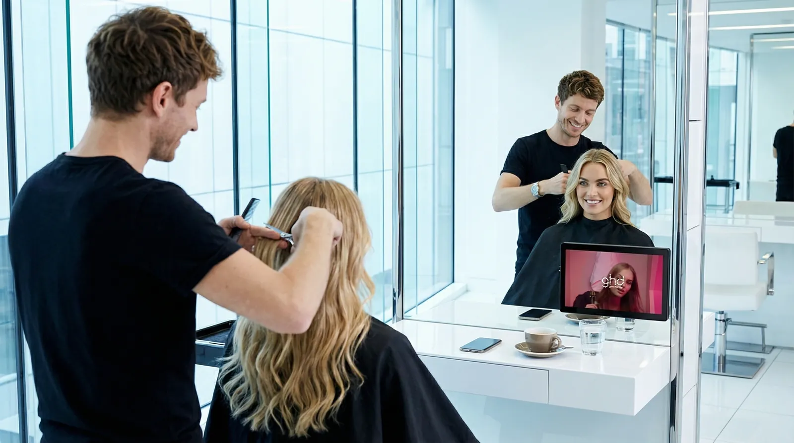 Frau, 20 im Coiffeursalon, auf dem Screen die Werbung von GHD