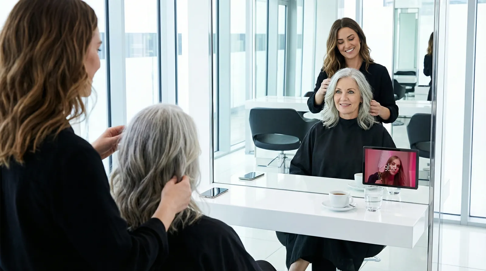 Frau, 60 im Coiffeursalon, auf dem Screen die Werbung von GHD