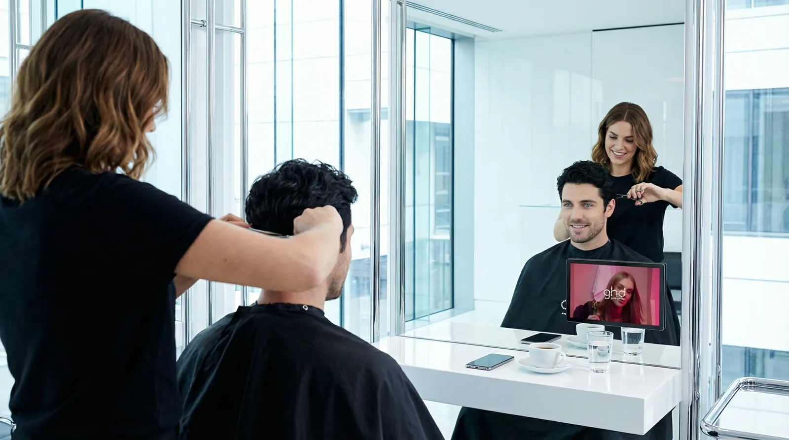 Mann, 30 im Coiffeursalon, auf dem Screen der Spot von GHD