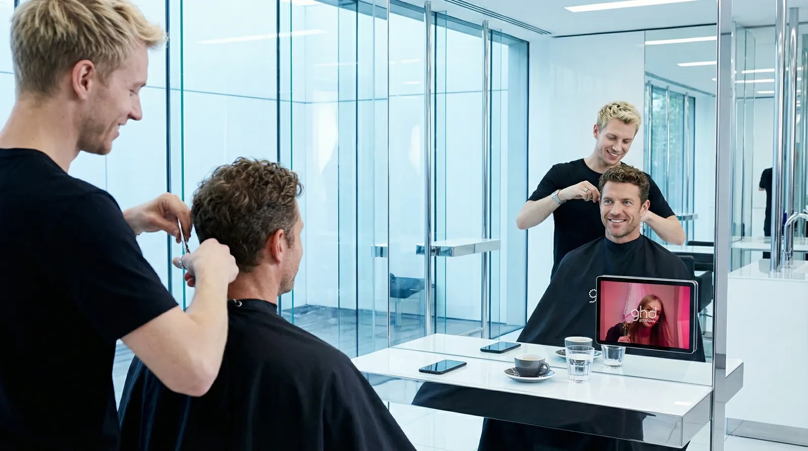 Mann, 40 im Coiffeursalon, auf dem Screen der Spot von GHD