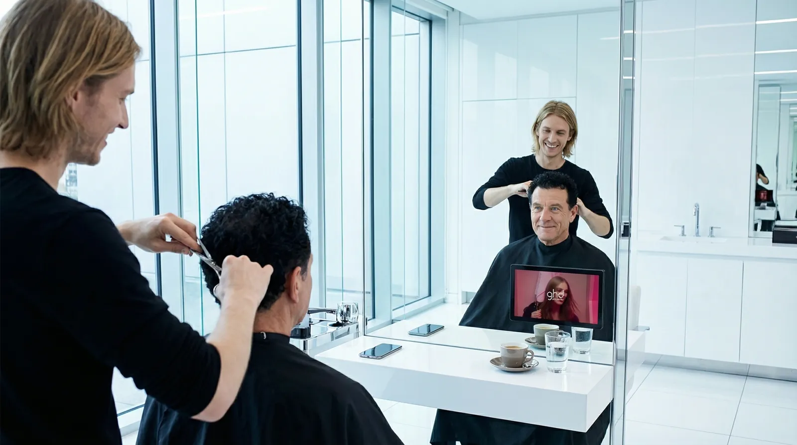 Mann, 60 im Coiffeursalon, auf dem Screen der Spot von GHD