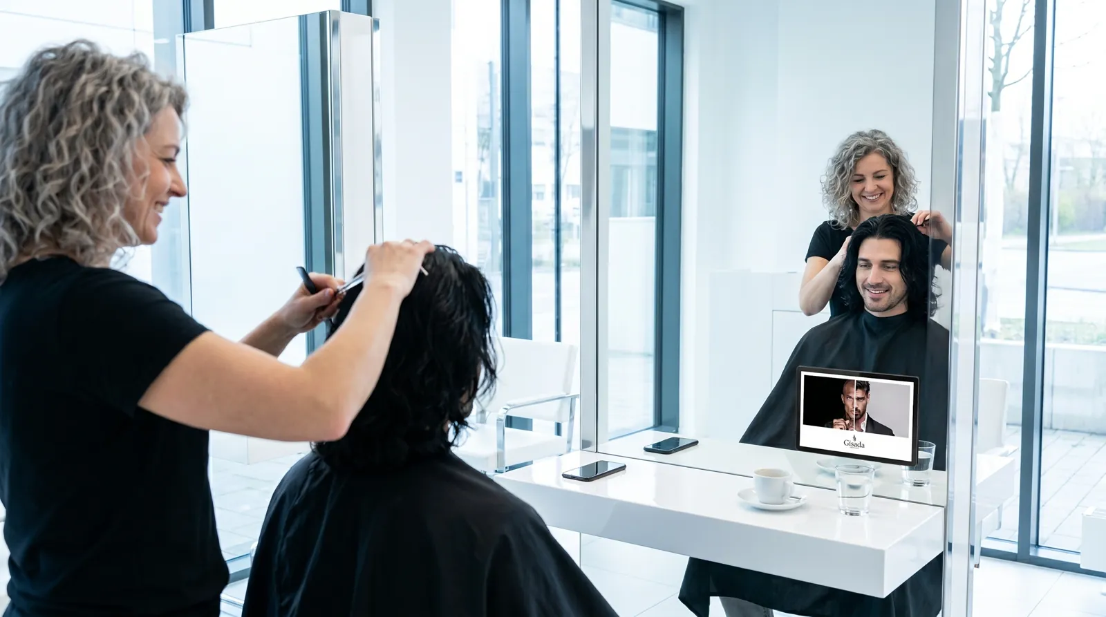 Frau, 30 im Coiffeursalon, auf dem Screen der Spot von Gisada