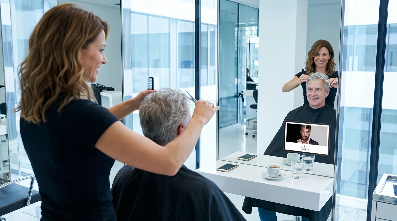 Mann, 60 im Coiffeursalon, auf dem Screen der Spot von Gisada