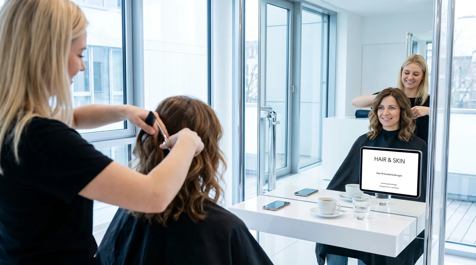 Frau, 30 im Coiffeursalon, auf dem Screen der Spot von Hair & Skin