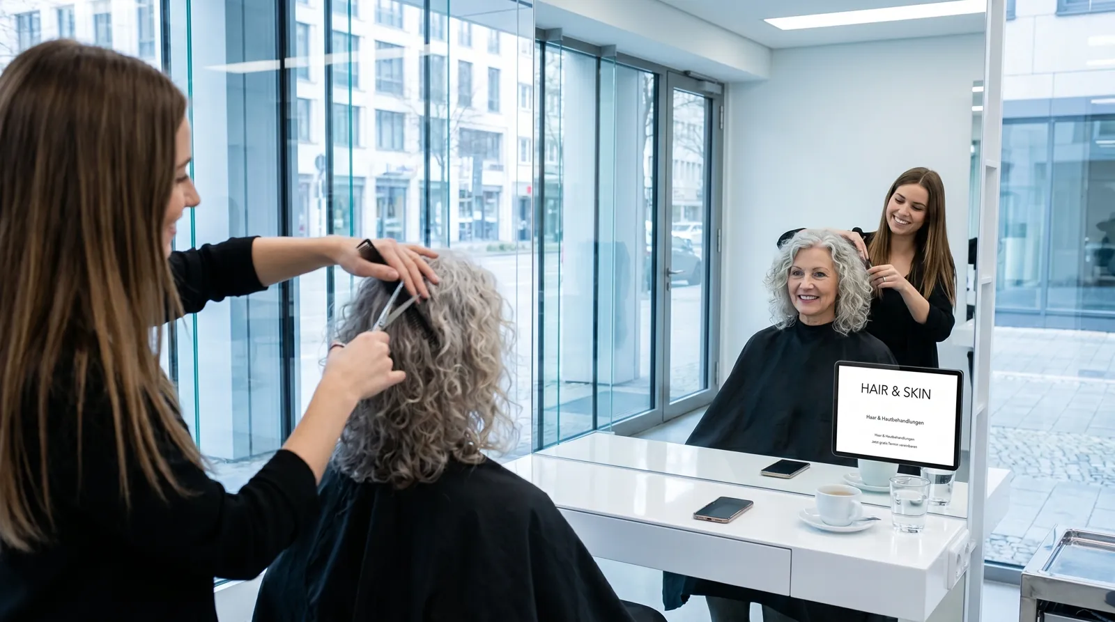 Frau, 50 im Coiffeursalon, auf dem Screen der Spot von Hair & Skin