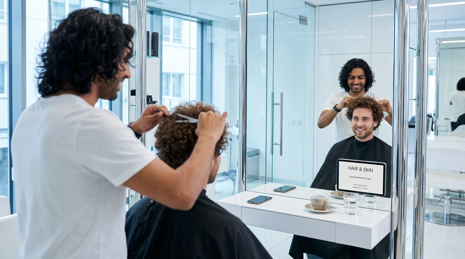 Mann, 30 im Coiffeursalon, auf dem Screen der Spot von Hair & Skin