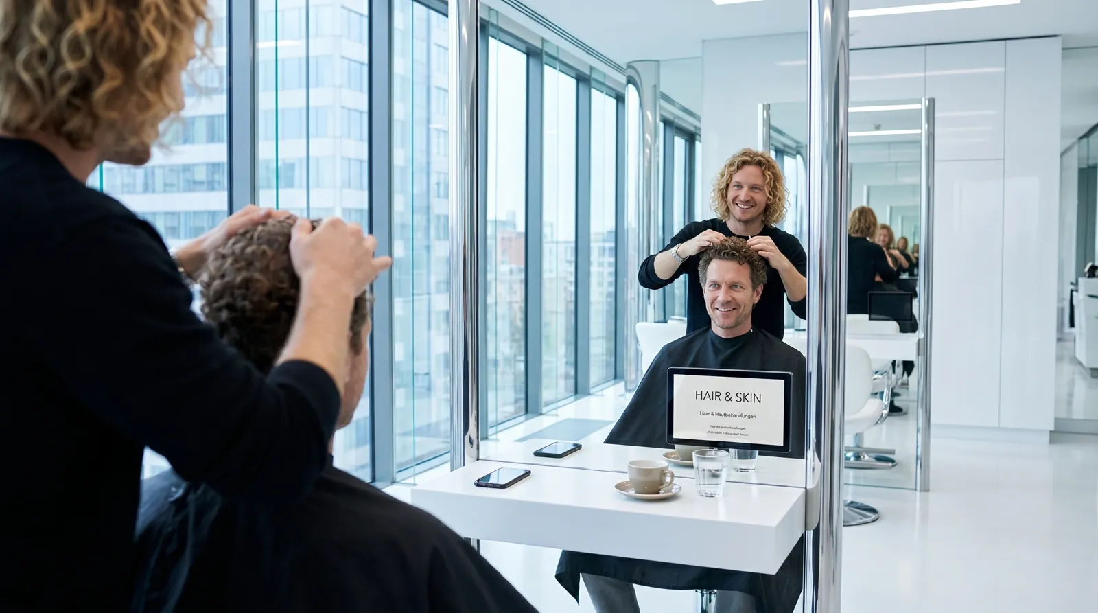 Mann, 40 im Coiffeursalon, auf dem Screen der Spot von Hair & Skin