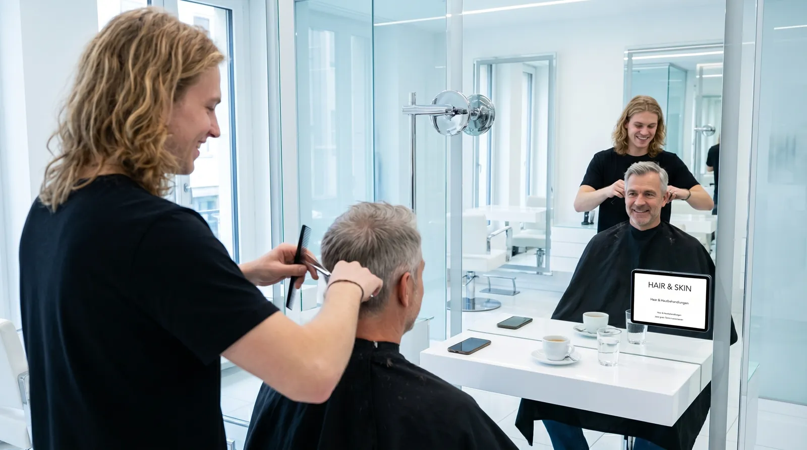 Mann, 50 im Coiffeursalon, auf dem Screen der Spot von Hair & Skin