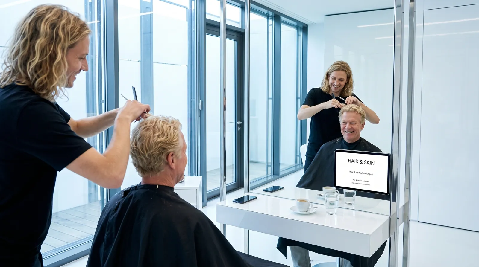 Mann, 60 im Coiffeursalon, auf dem Screen der Spot von Hair & Skin