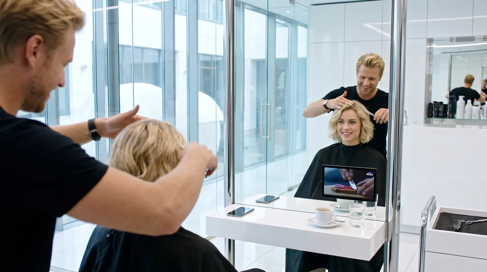 Frau, 20 im Coiffeursalon, auf dem Screen der Spot von Hero