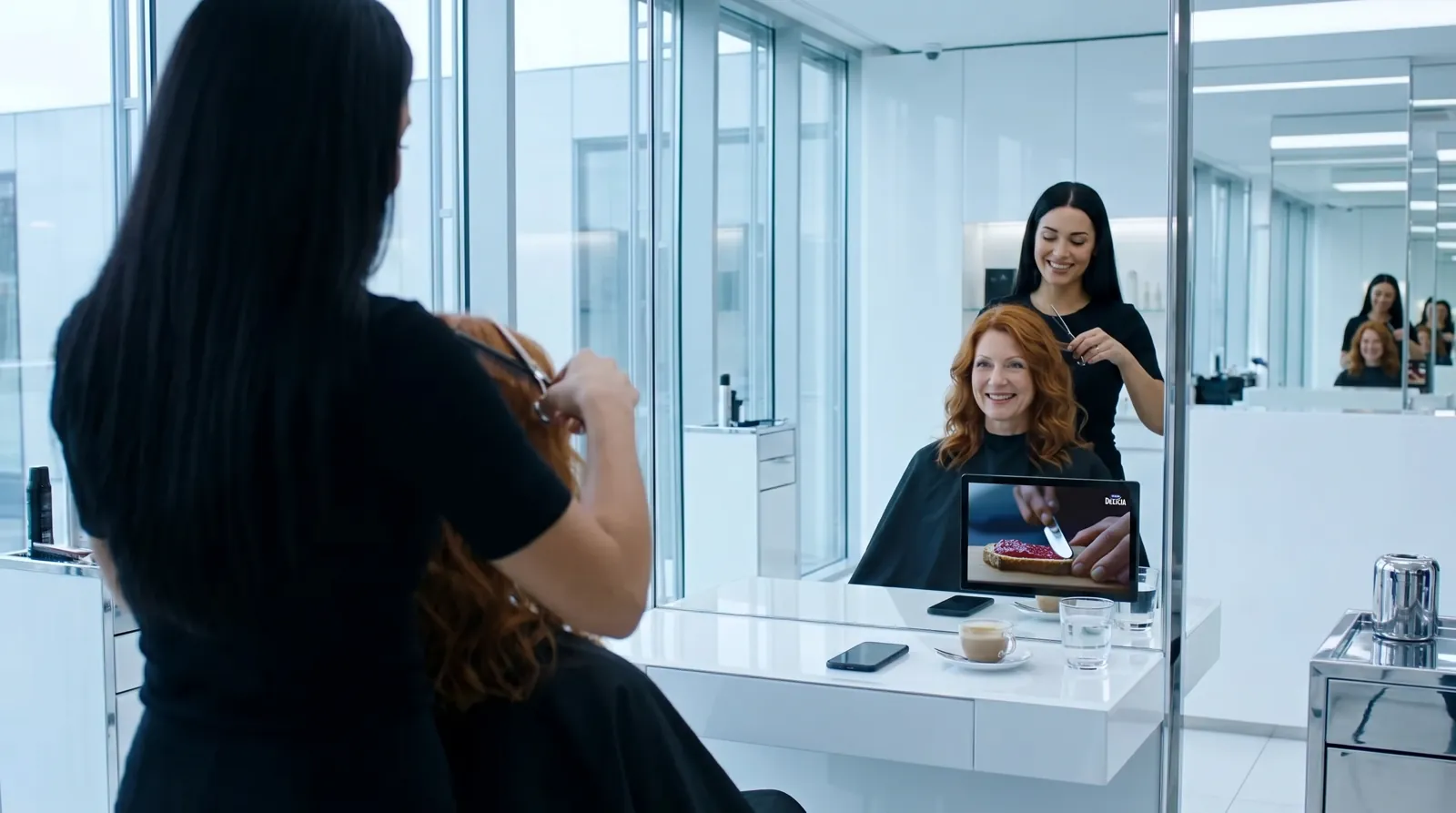 Frau, 50 im Coiffeursalon, auf dem Screen der Spot von Hero