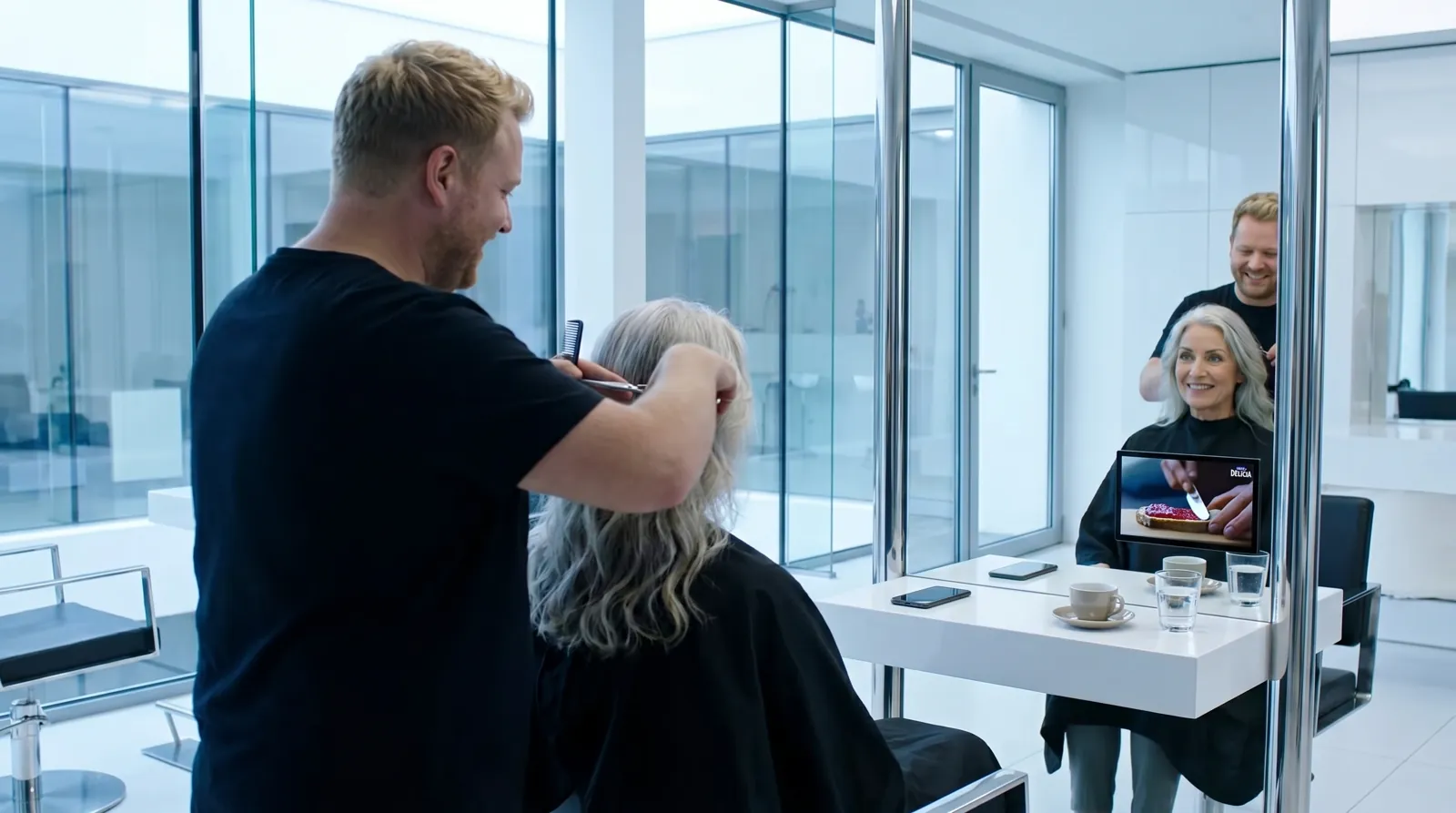 Frau, 60 im Coiffeursalon, auf dem Screen der Spot von Hero