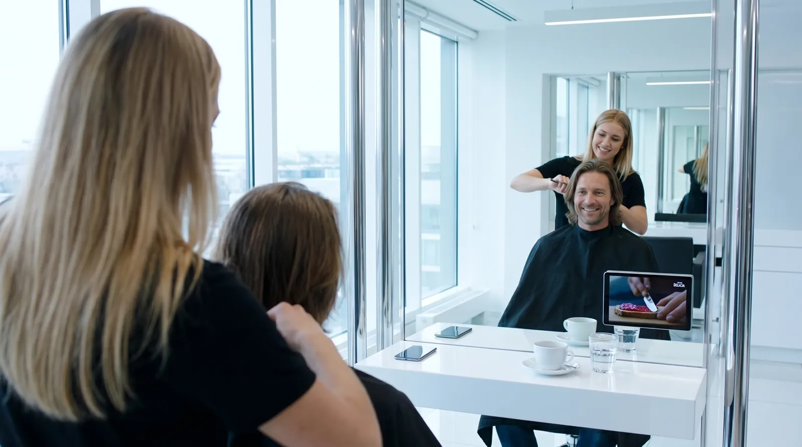 Mann, 40 im Coiffeursalon, auf dem Screen der Spot von Hero
