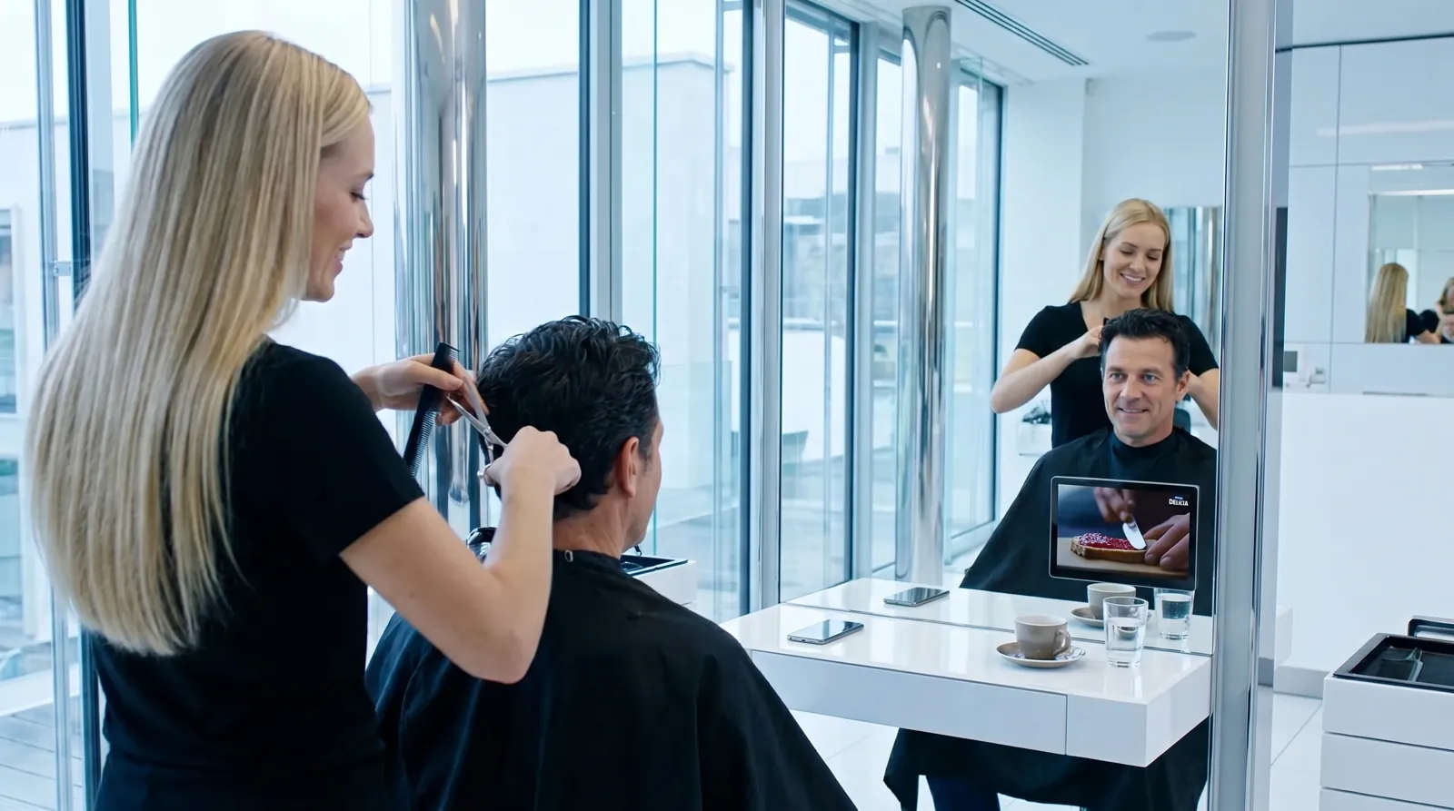 Mann, 50 im Coiffeursalon, auf dem Screen der Spot von Hero