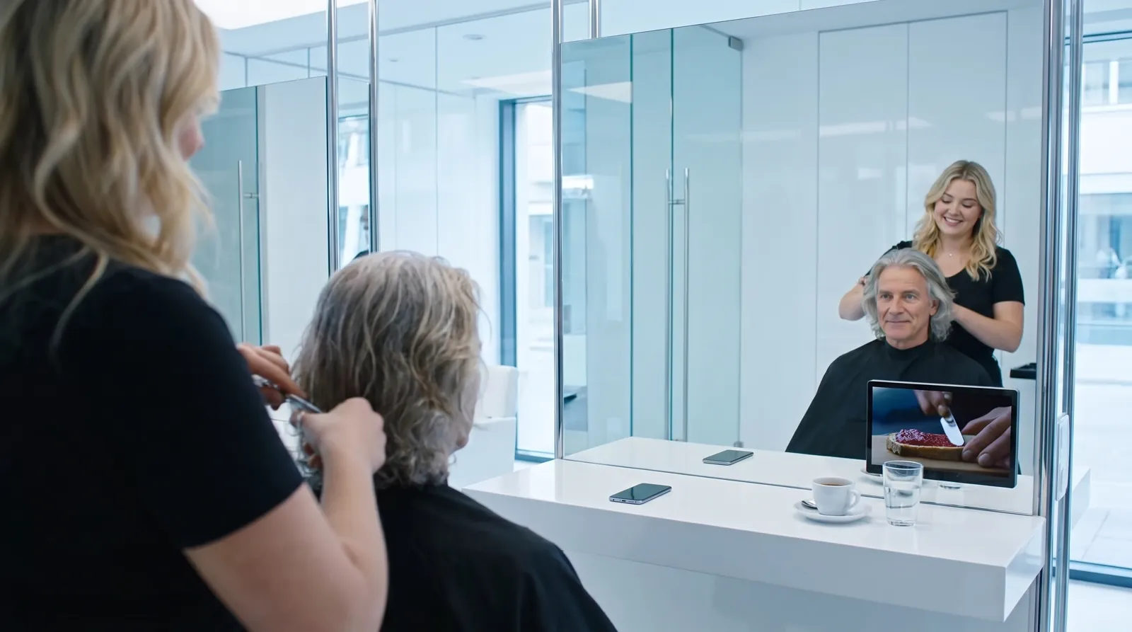 Mann, 60 im Coiffeursalon, auf dem Screen der Spot von Hero