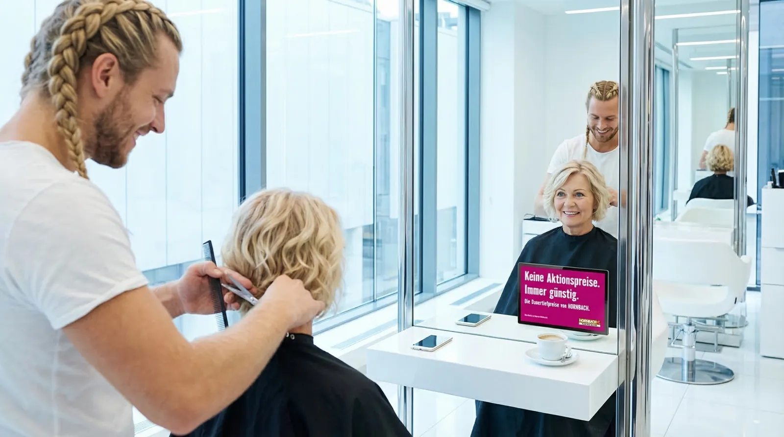 Frau, 60 im Coiffeursalon, auf dem Screen der Spot von Hornbach