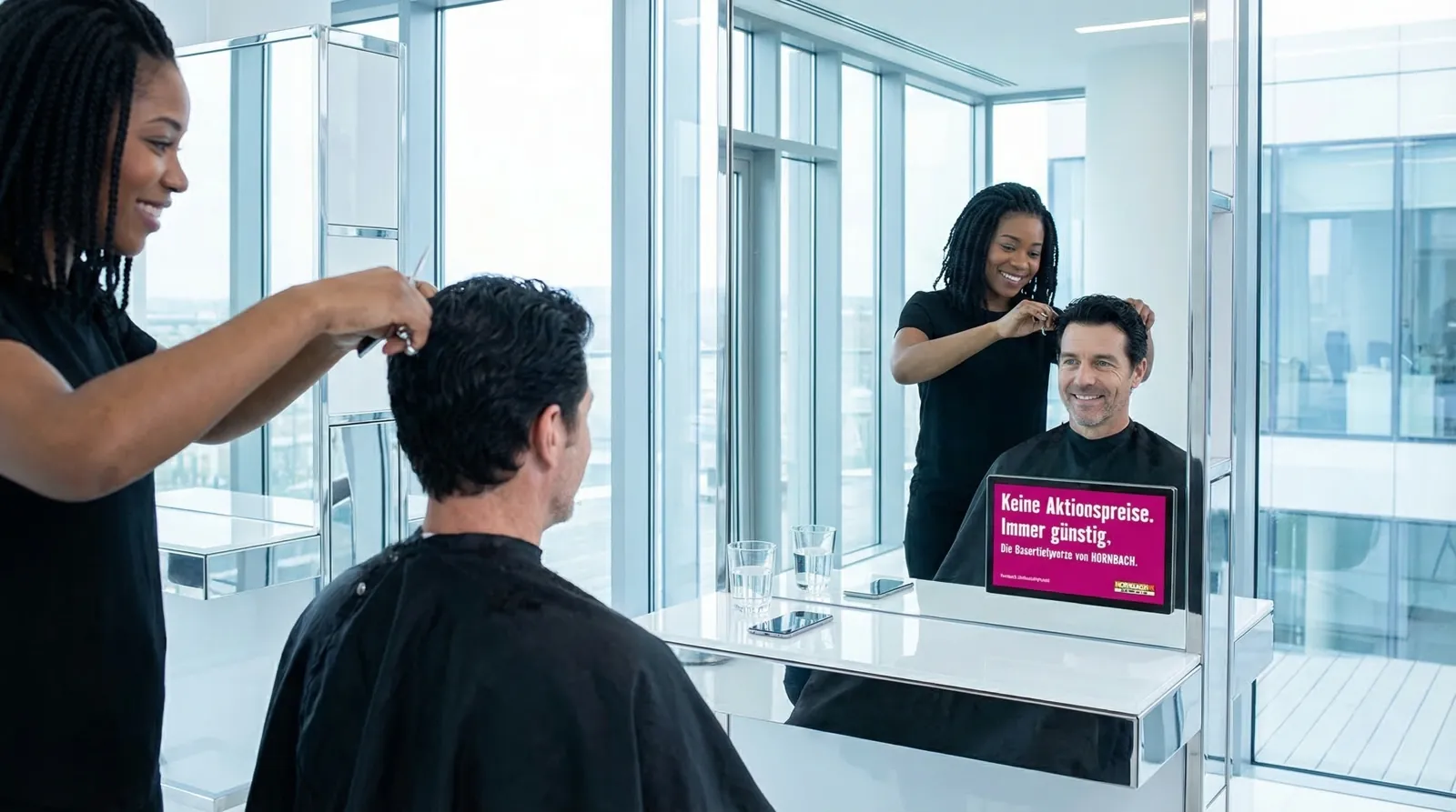 Mann, 50 im Coiffeursalon, auf dem Screen der Spot von Hornbach