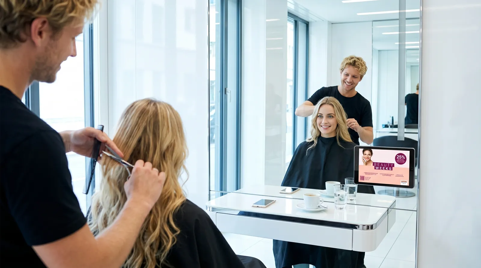 Frau, 20 im Coiffeursalon, auf dem Screen der Spot von Import Parfumerie