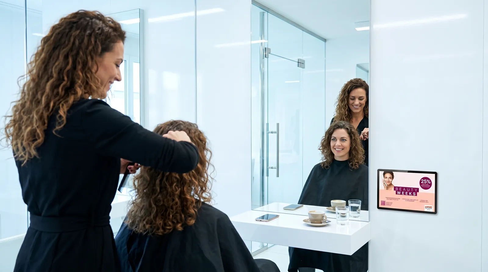 Frau, 30 im Coiffeursalon, auf dem Screen der Spot von Import Parfumerie