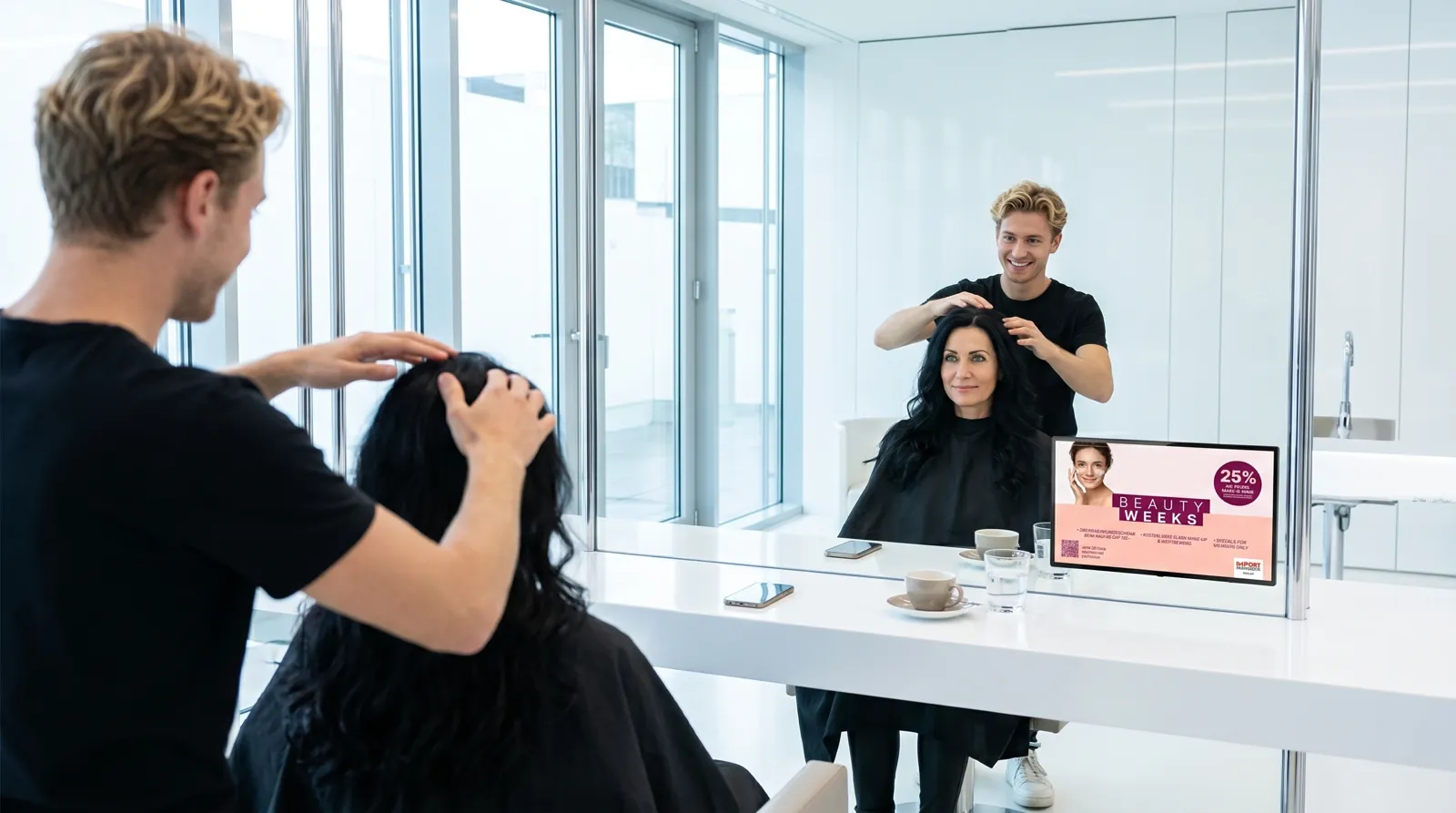 Frau, 50 im Coiffeursalon, auf dem Screen der Spot von Import Parfumerie