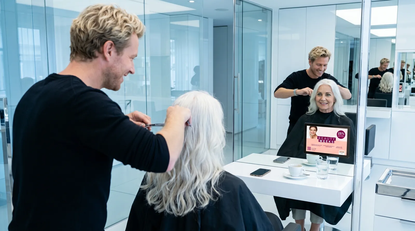 Frau, 60 im Coiffeursalon, auf dem Screen der Spot von Import Parfumerie