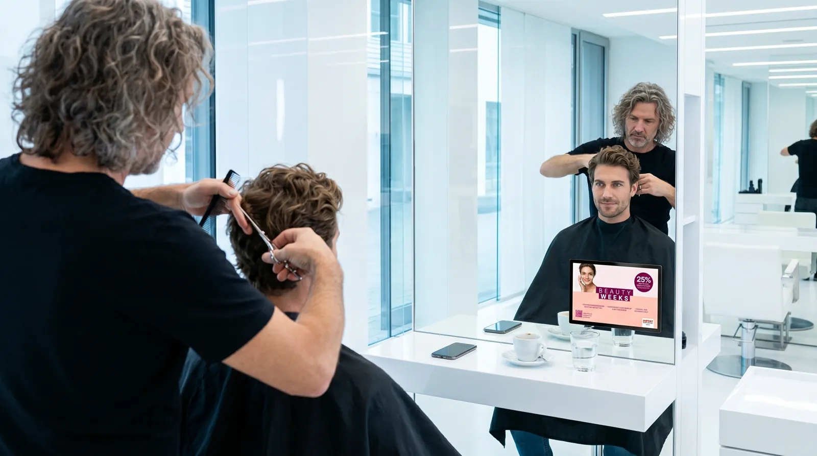 Mann, 30 im Coiffeursalon, auf dem Screen der Spot von Import Parfumerie