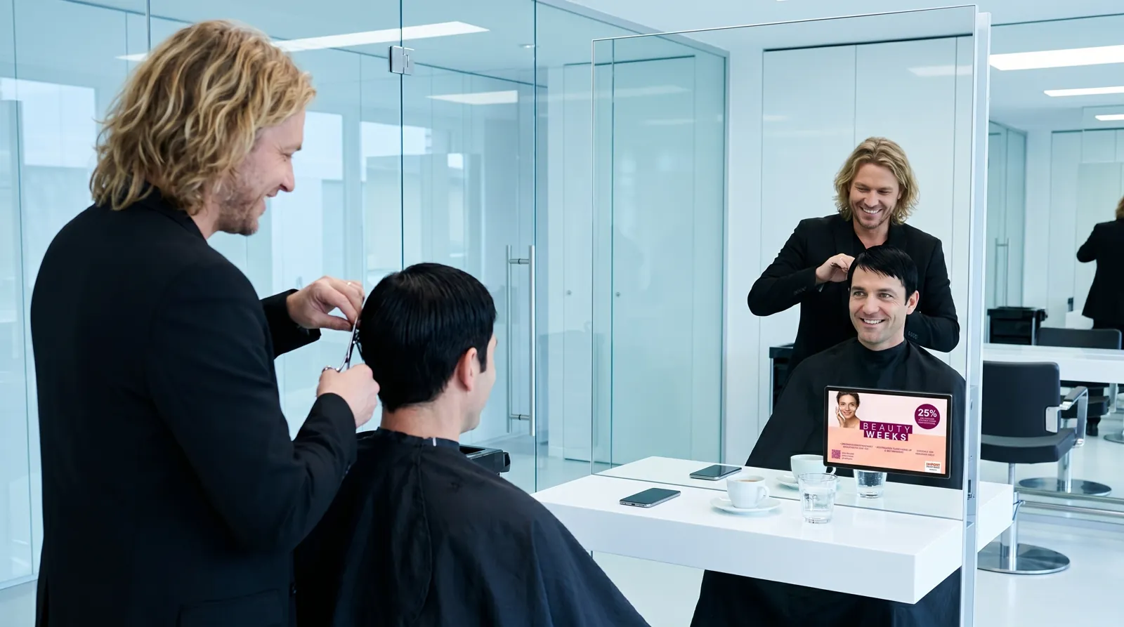 Mann, 50 im Coiffeursalon, auf dem Screen der Spot von Import Parfumerie