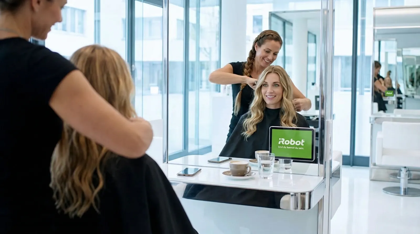 Frau, 30 im Coiffeursalon, auf dem Screen der Spot von iRobot