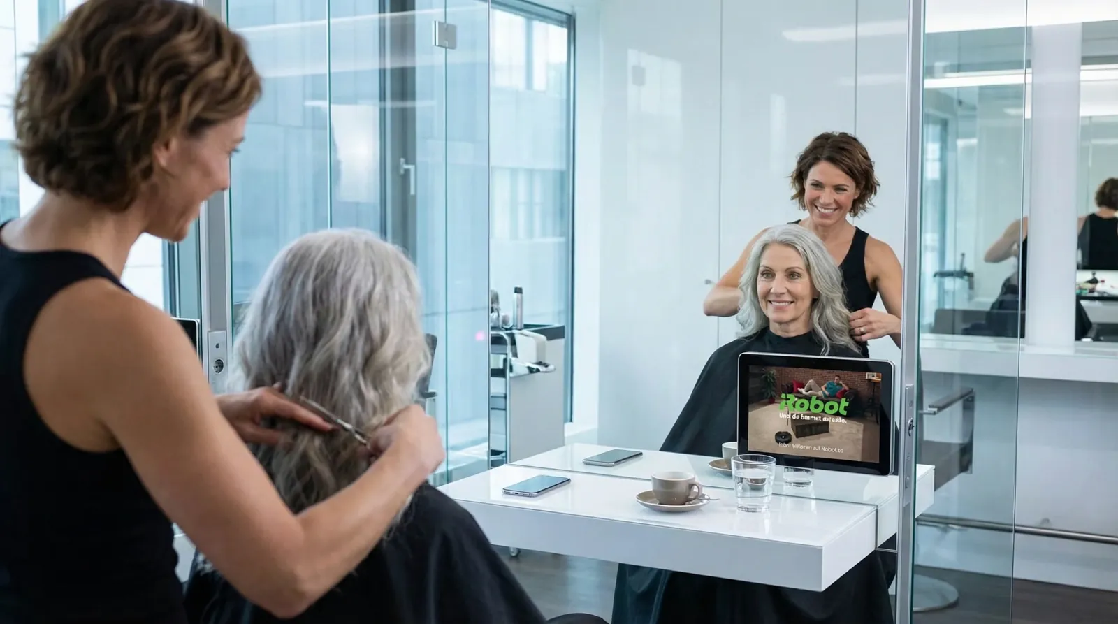 Frau, 60 im Coiffeursalon, auf dem Screen der Spot von iRobot