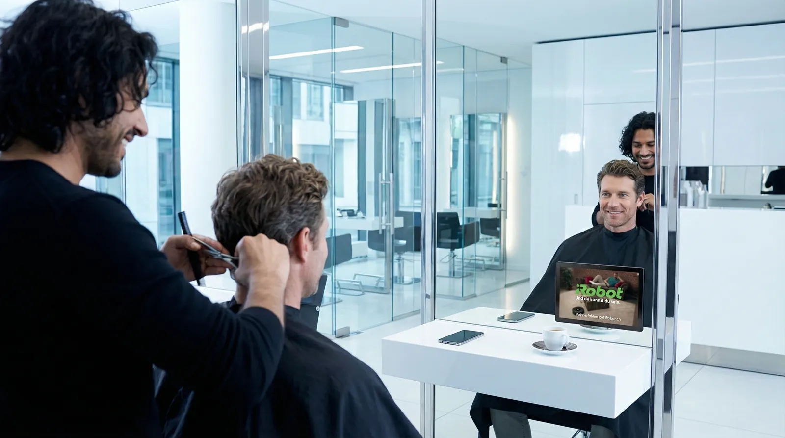 Mann, 40 im Coiffeursalon, auf dem Screen der Spot von iRobot