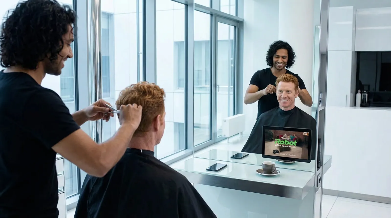 Mann, 50 im Coiffeursalon, auf dem Screen der Spot von iRobot