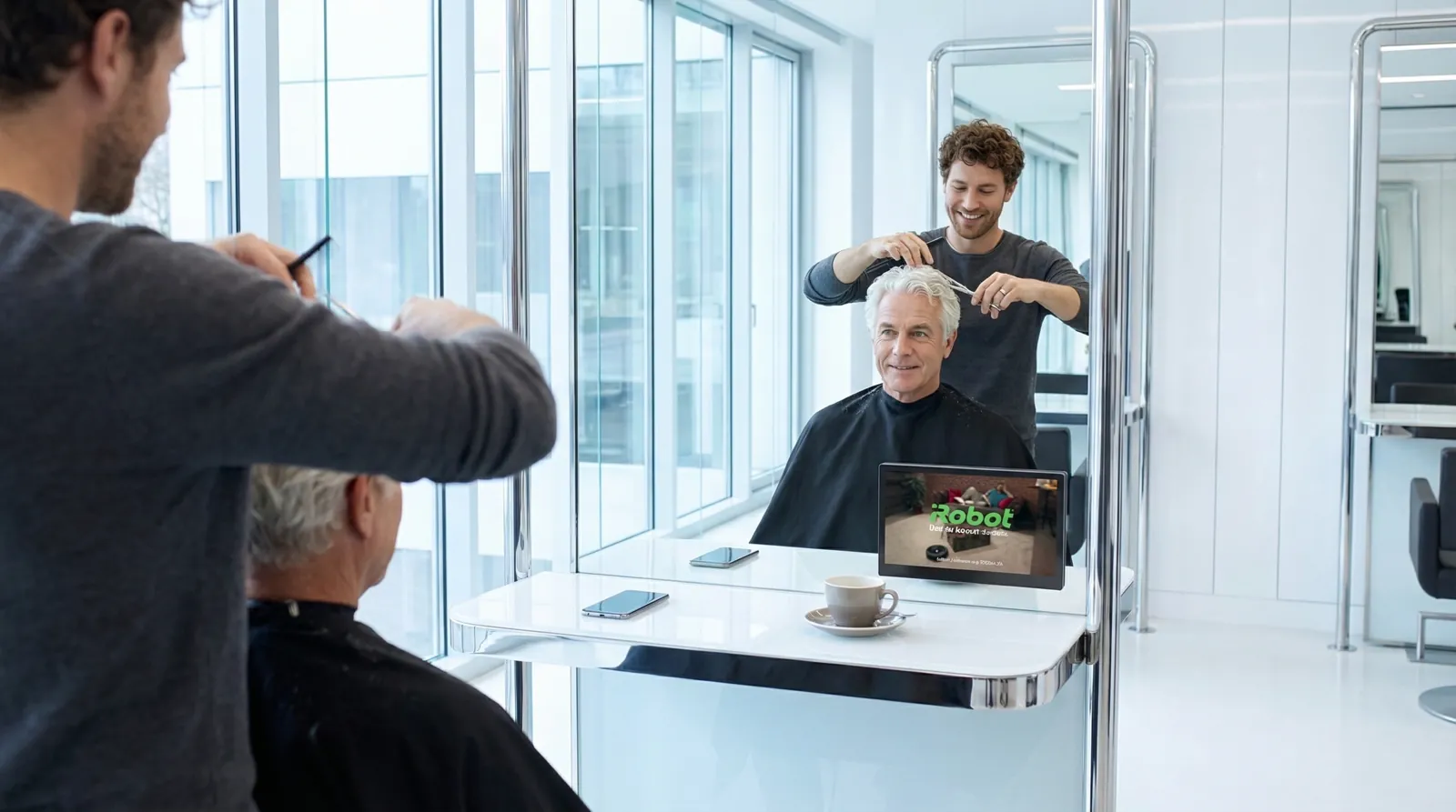 Mann, 60 im Coiffeursalon, auf dem Screen der Spot von iRobot