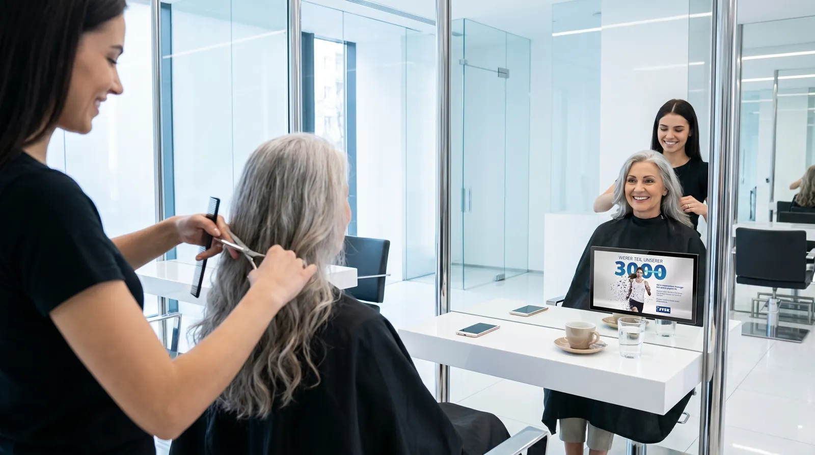 Frau, 60 im Coiffeursalon, auf dem Screen die Werbung von JYSK