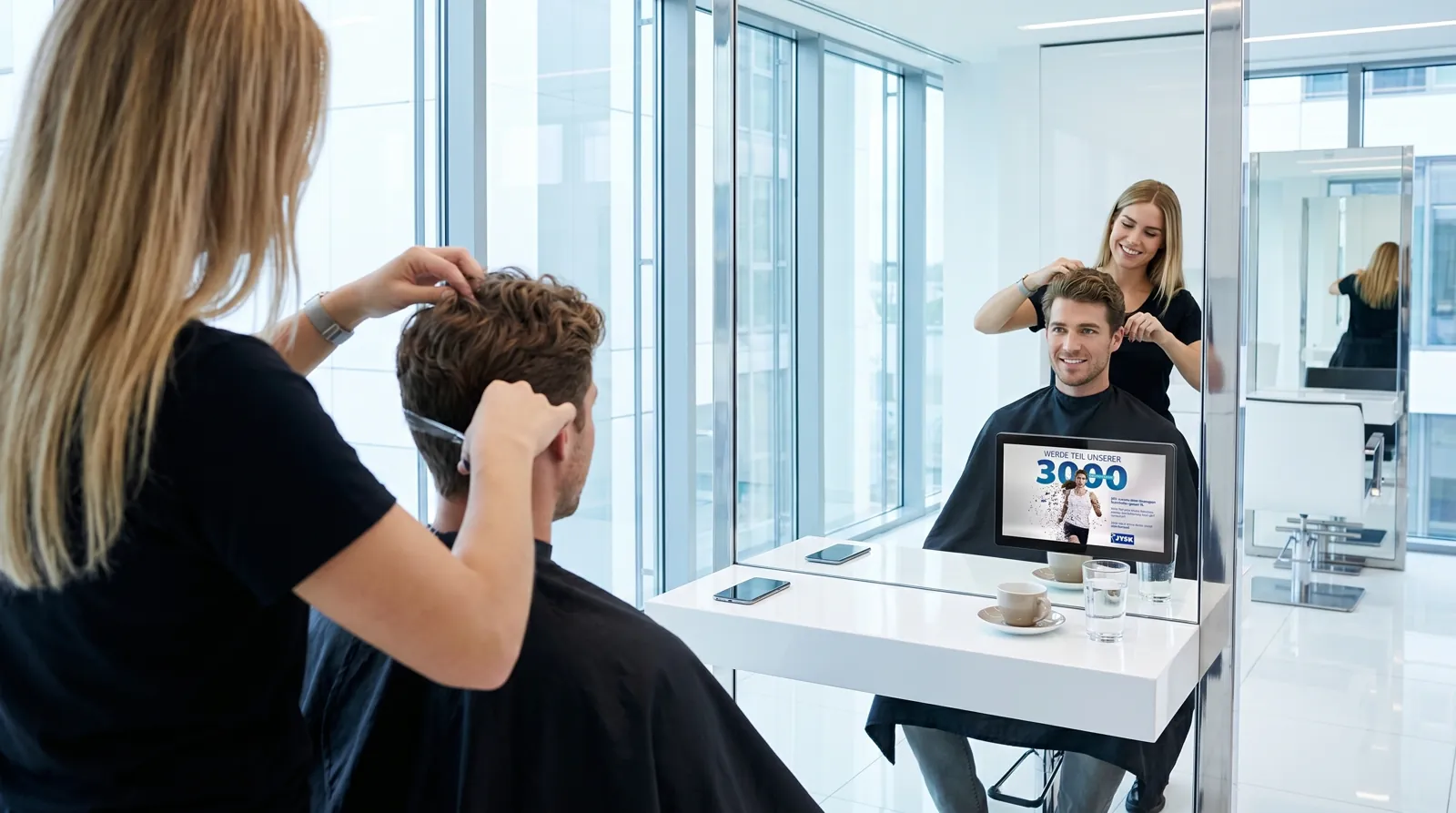 Mann, 30 im Coiffeursalon, auf dem Screen der Spot von JYSK