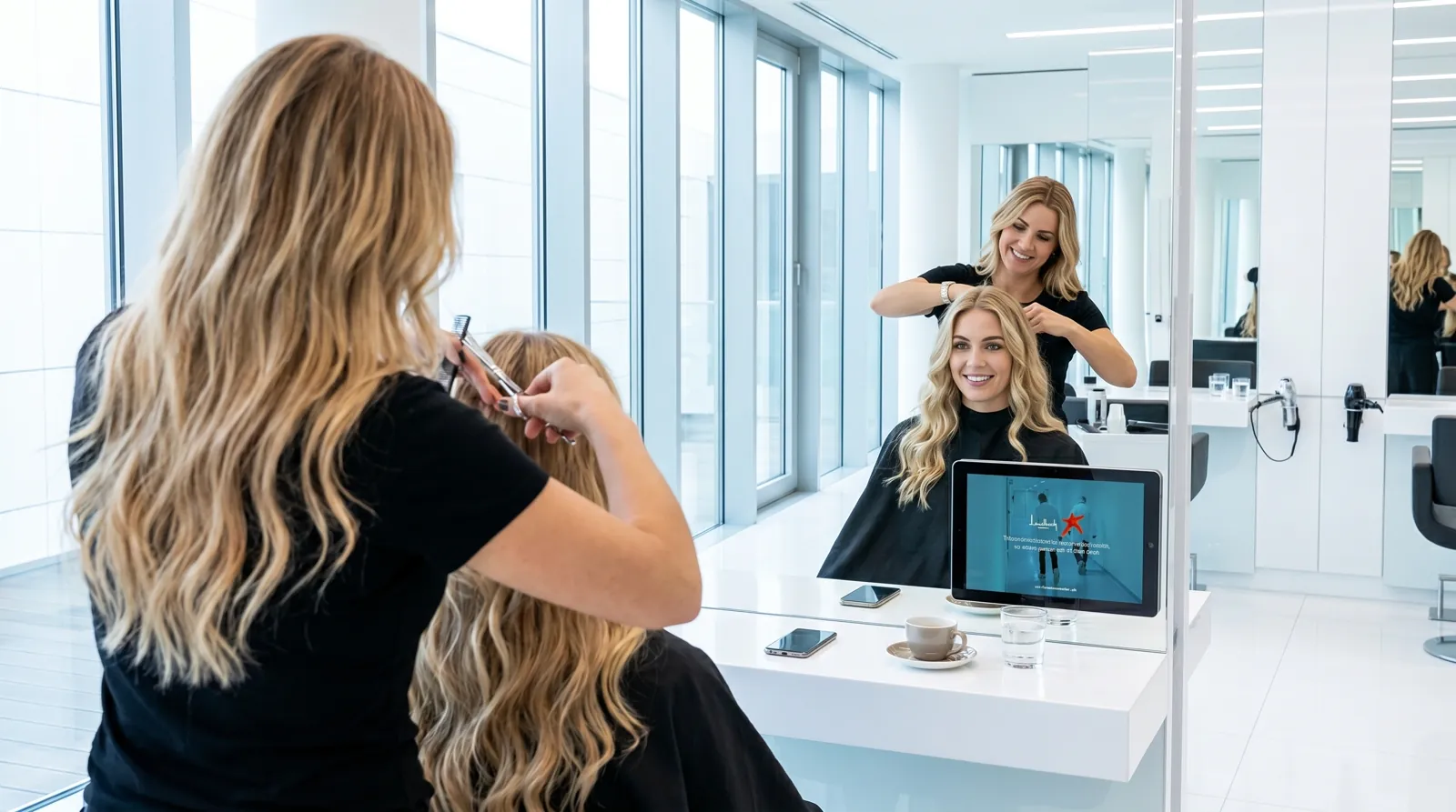 Frau, 20 im Coiffeursalon, auf dem Screen der Spot von Lundbeck