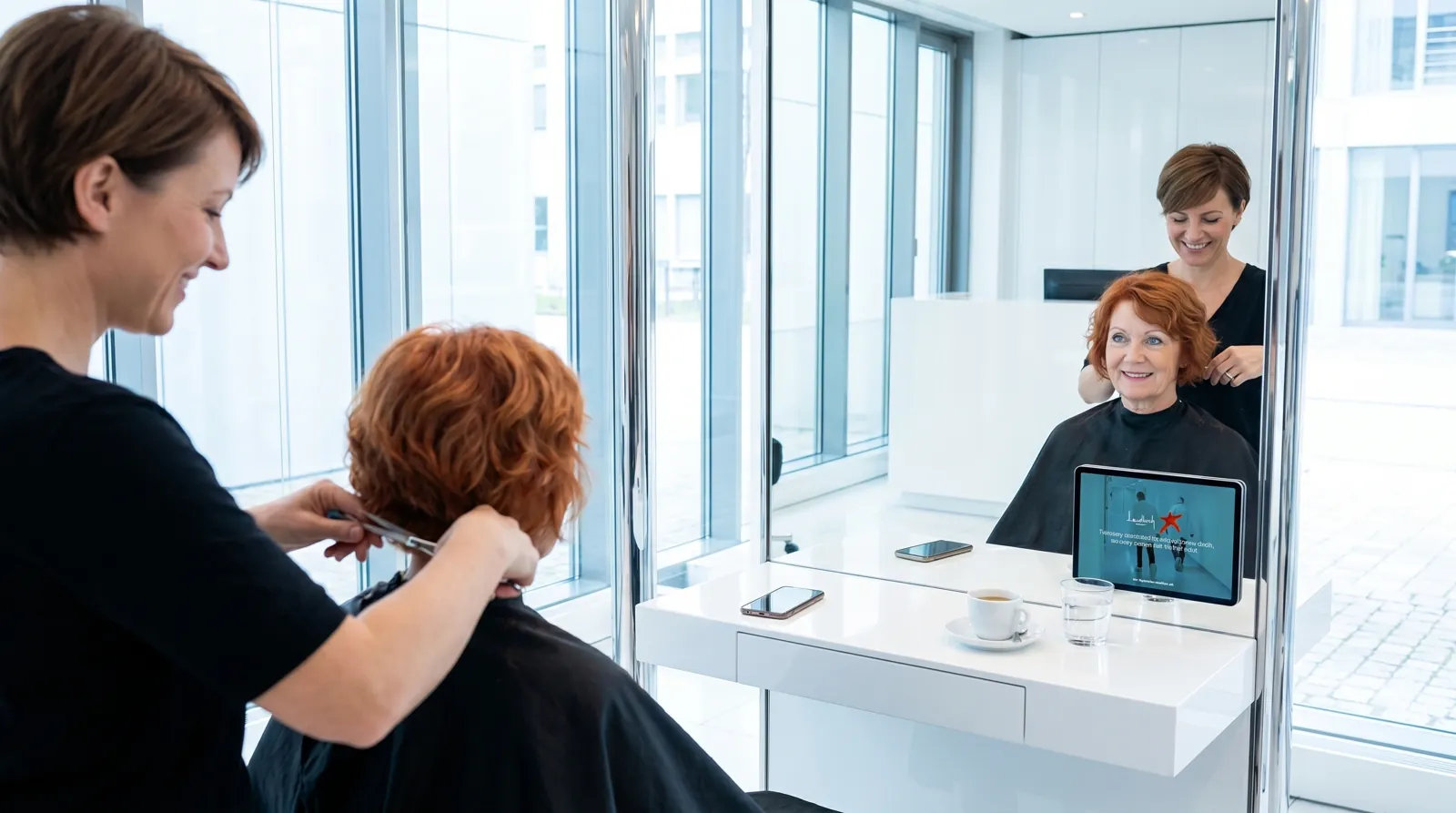 Frau, 50 im Coiffeursalon, auf dem Screen der Spot von Lundbeck