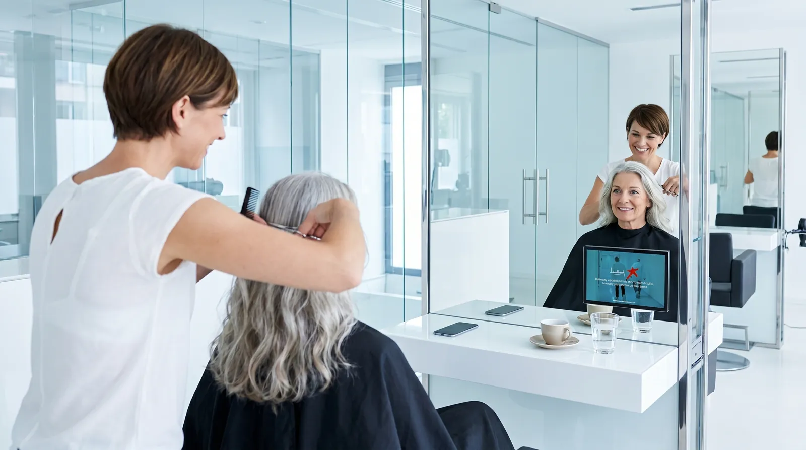 Frau, 60 im Coiffeursalon, auf dem Screen der Spot von Lundbeck