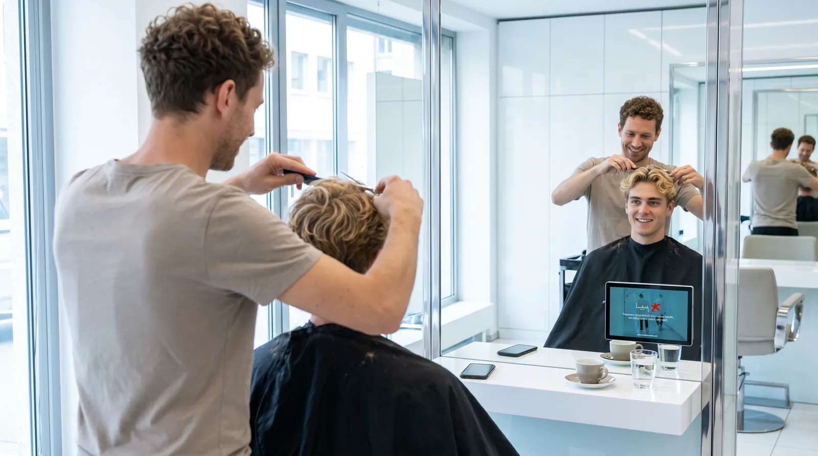 Mann, 20 im Coiffeursalon, auf dem Screen der Spot von Lundbeck