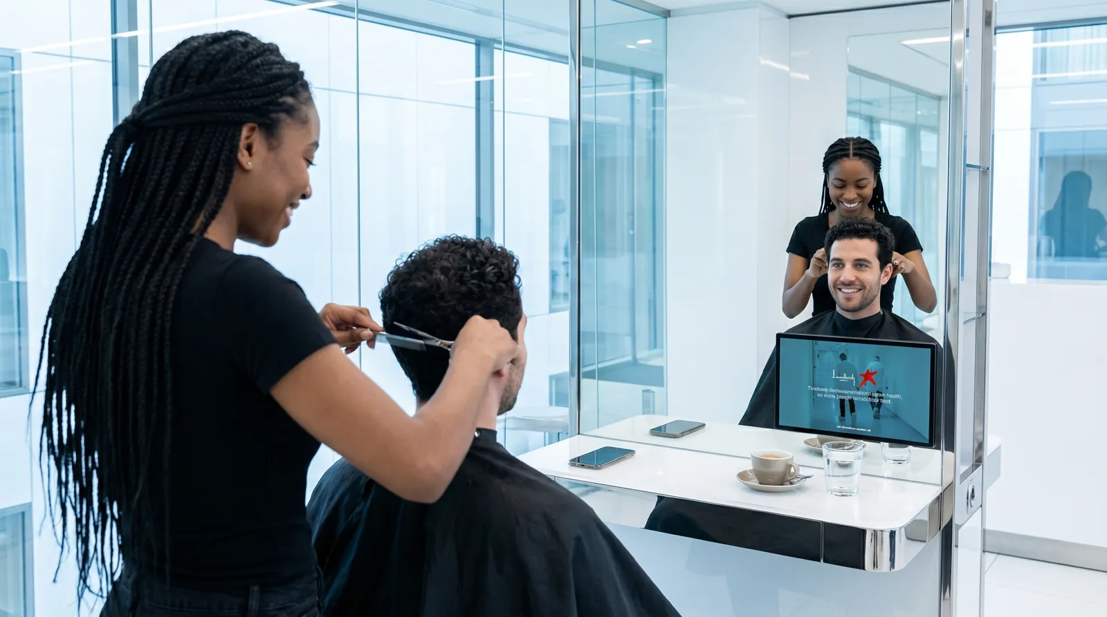 Mann, 30 im Coiffeursalon, auf dem Screen der Spot von Lundbeck