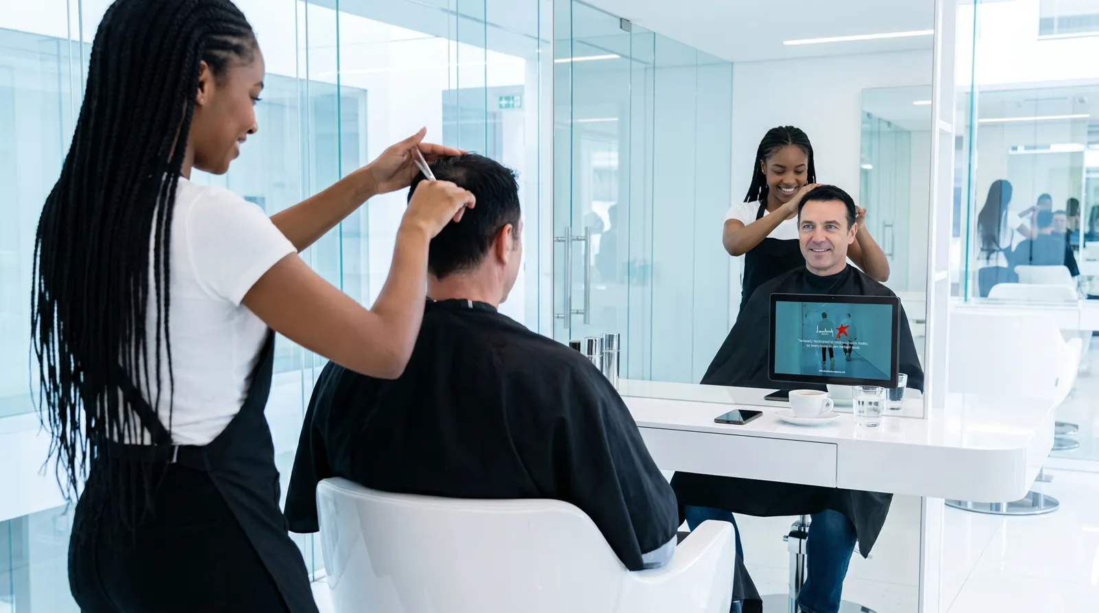 Mann, 50 im Coiffeursalon, auf dem Screen der Spot von Lundbeck