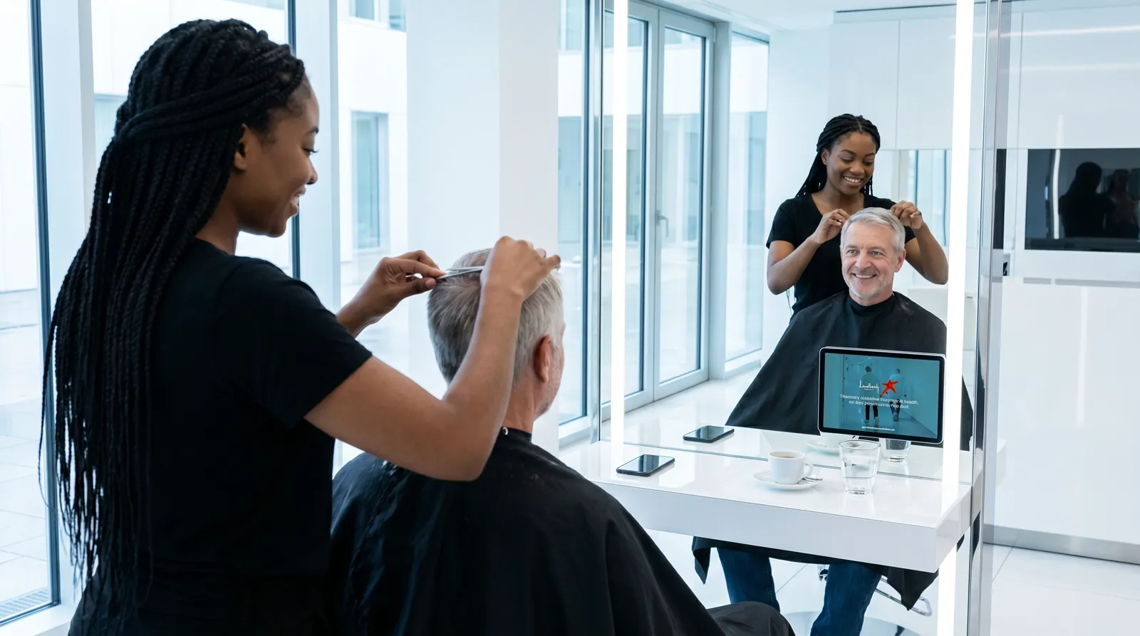 Mann, 60 im Coiffeursalon, auf dem Screen der Spot von Lundbeck