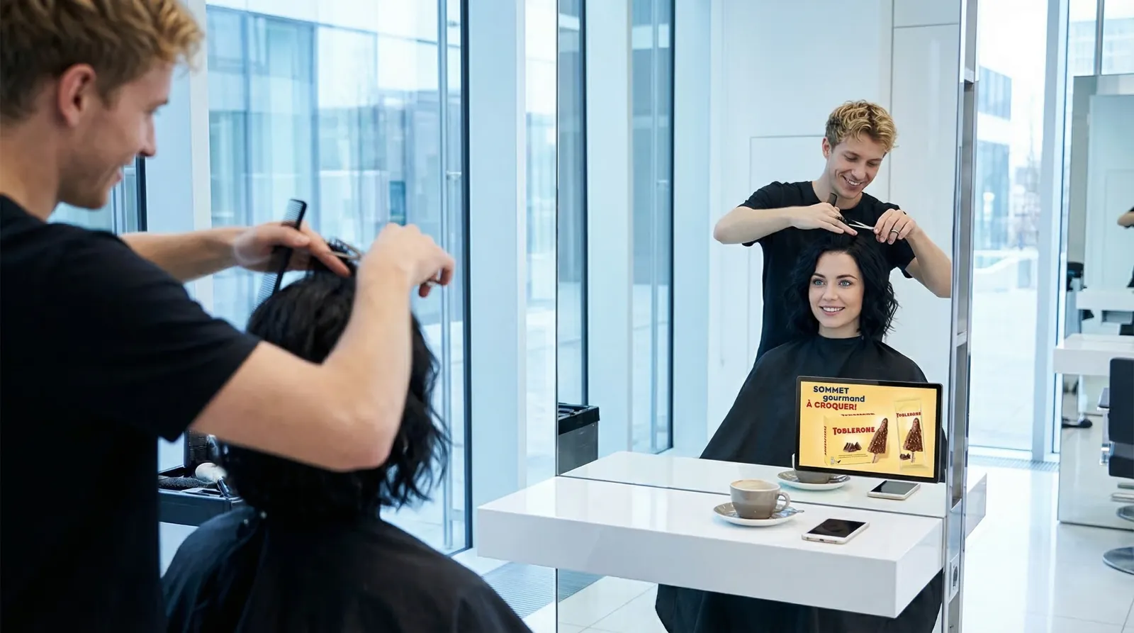 Frau, 20 im Coiffeursalon, auf dem Screen der Spot von Mondelez (Oreo, Milka, Toblerone)