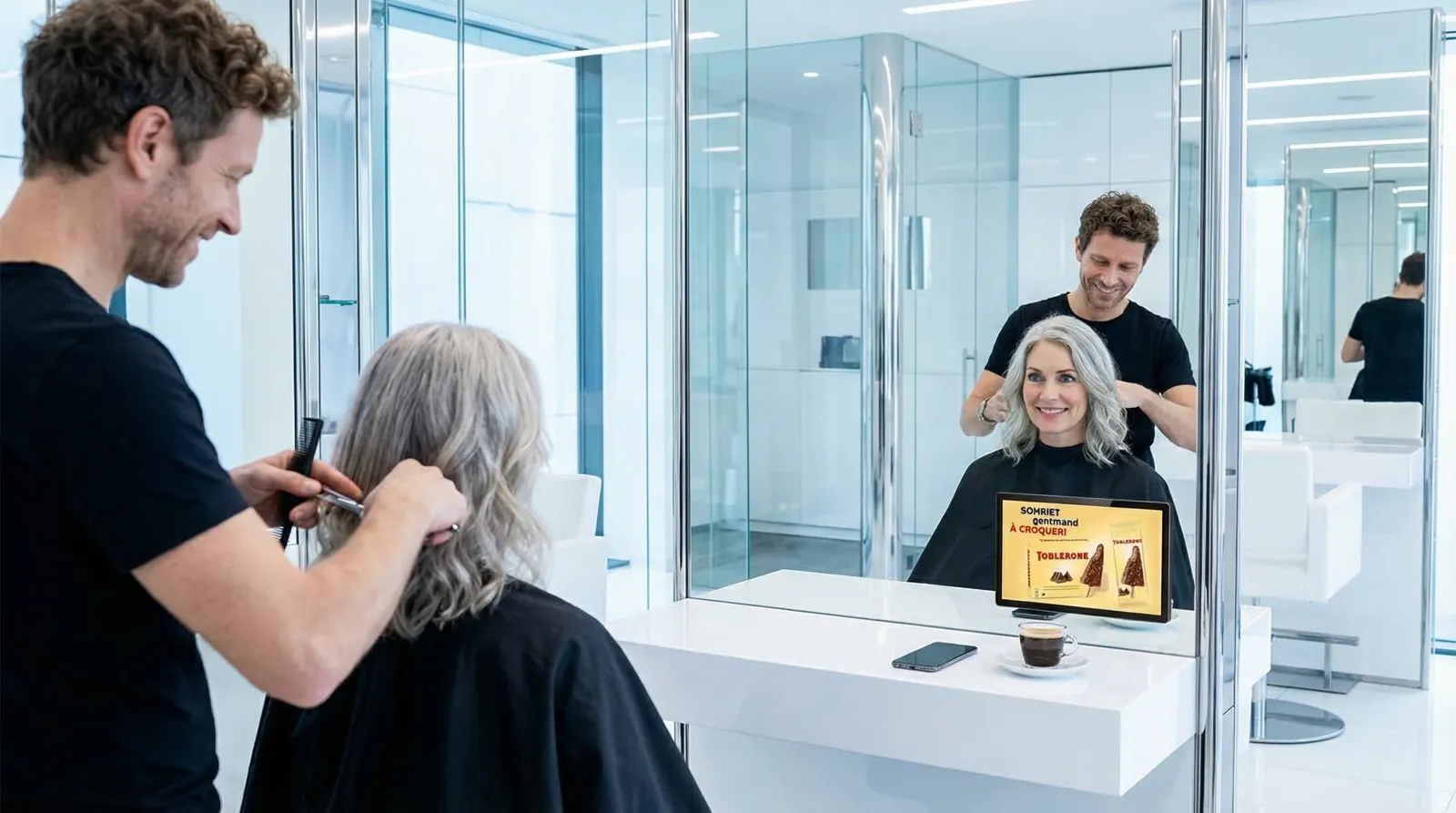 Frau, 50 im Coiffeursalon, auf dem Screen der Spot von Mondelez (Oreo, Milka, Toblerone)